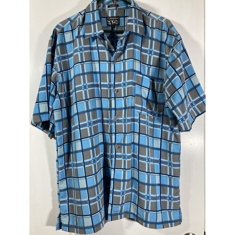 K.A.D. On The Move Blue Plaid Camp Button Up Shirt Streetwear (L) Vintage EUC